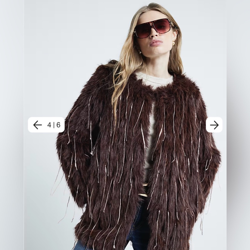 River Island Brown Faux Fur Fringe Coat